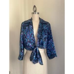 Mirrors Women’s Medium Paisley Tie Front Cropped Blouse Blue Purple